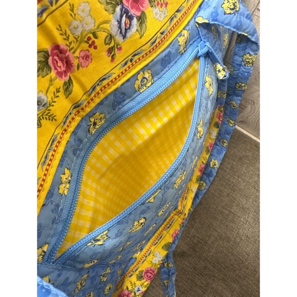 Quilted Shoulder Tote Handbag & Matching Pouch Yellow Blue Floral Pattern - Picture 7 of 13
